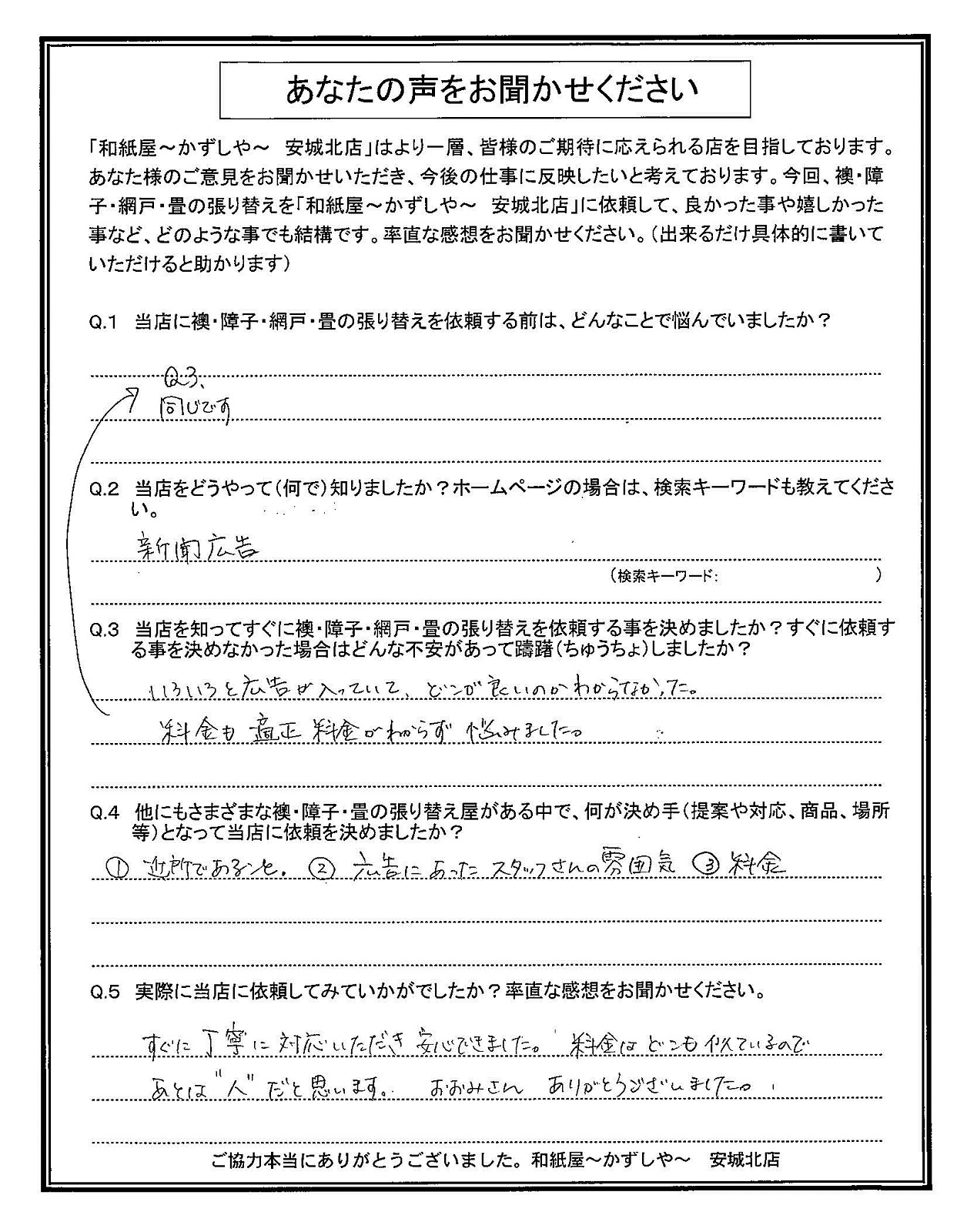 安城市　すぐに丁寧に対応いただき安心できました。料金はどこも似ているのあとは”人”だと思います。おおみさん、ありがとうございました。|安城市の襖・障子・網戸・畳の張替え　手張り表具職人の店 和紙屋（かずしや）安城北店