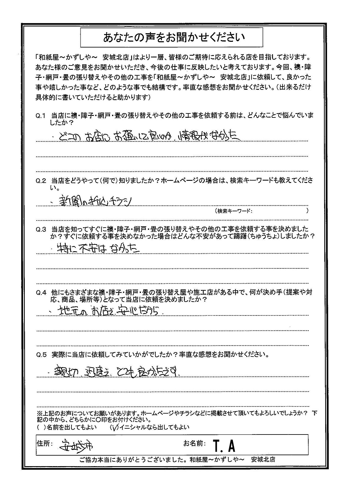 安城市の襖・障子・網戸・畳の張替え　手張り表具職人の店 和紙屋（かずしや）安城北店