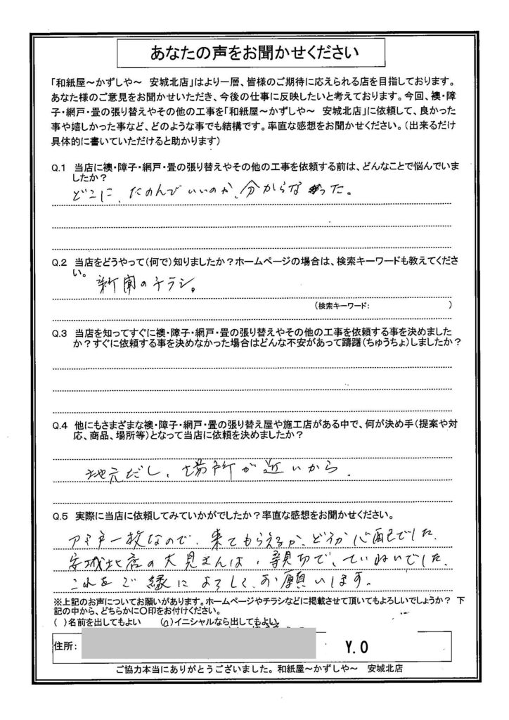 H.F様邸　自宅に見えた方は、物腰が柔らかく、丁寧な接客でしたので、即お願いしました。 プロの方が張ってくれたので、見映えが良くなり、満足しております。|安城市の襖・障子・網戸・畳の張替え　手張り表具職人の店 和紙屋（かずしや）安城北店