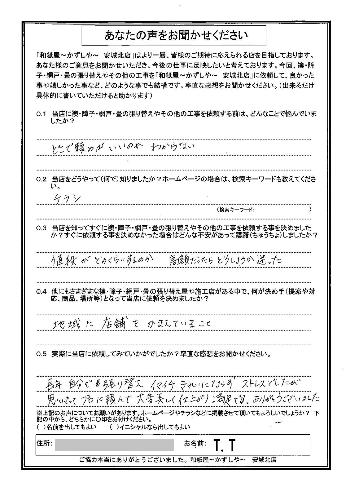 Ｔ.Ｔ様邸　長年、自分で張り替え、イマイチきれいにならずストレスでしたが、思い切ってプロに頼んで、大変美しく仕上がり満足です。|安城市の襖・障子・網戸・畳の張替え　手張り表具職人の店 和紙屋（かずしや）安城北店