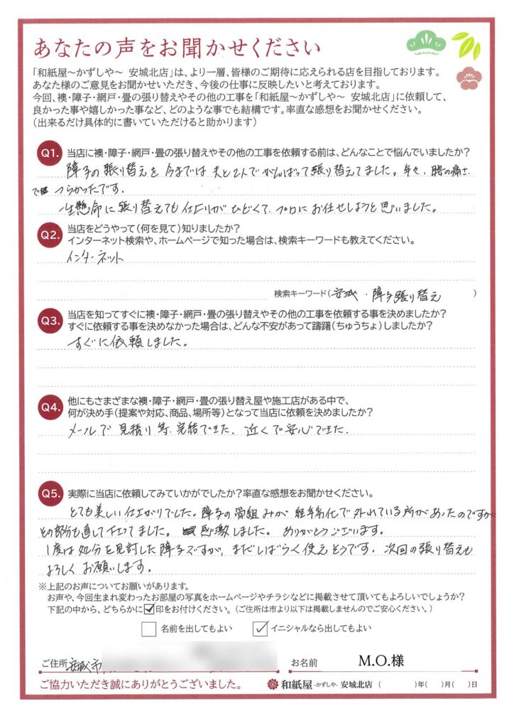 安城市　M.O.様邸　自分達で一生懸命に張り替えても、仕上がりがひどくて、プロにお任せしようと思いました。|安城市の襖・障子・網戸・畳の張替え　手張り表具職人の店 和紙屋（かずしや）安城北店