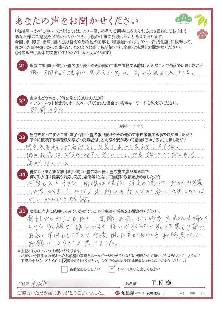 安城市　T.K.様邸　電話での対応も良く、実際お会いした時も大見さん夫婦がとても笑顔で話しやすく接しやすかったです。 作業も丁寧でお店の案内もして下さり今後困った事があったら、 和紙屋さんにお願いしようかと思いました。|安城市の襖・障子・網戸・畳の張替え　手張り表具職人の店 和紙屋（かずしや）安城北店